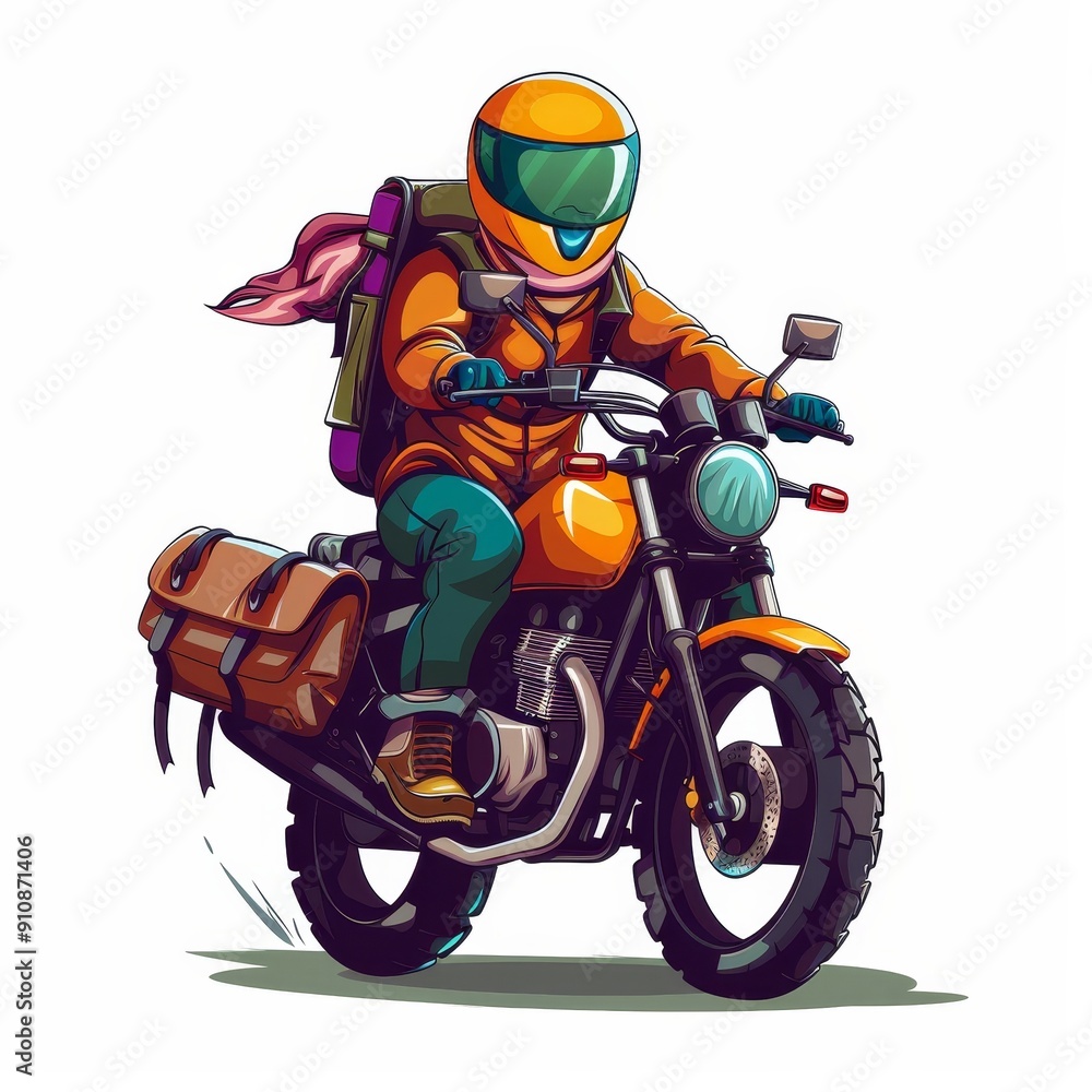 Obraz premium Colorful illustration of a motorcyclist with vibrant gear and a flowing scarf, riding a modern motorcycle with a backpack and gear.
