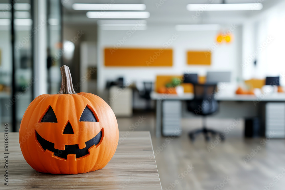 Decorative Halloween pumpkin with a jack-o'-lantern face placed on a desk in a modern office with blurred background. Decorative Halloween pumpkin with a jack-o'-lantern face placed on a desk in a modern office with blurred background.