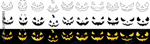 Halloween pumpkin faces vector illustration. Jack o lanterns, spooky, scary, evil expressions. Perfect for Halloween designs, invitations, and decorations