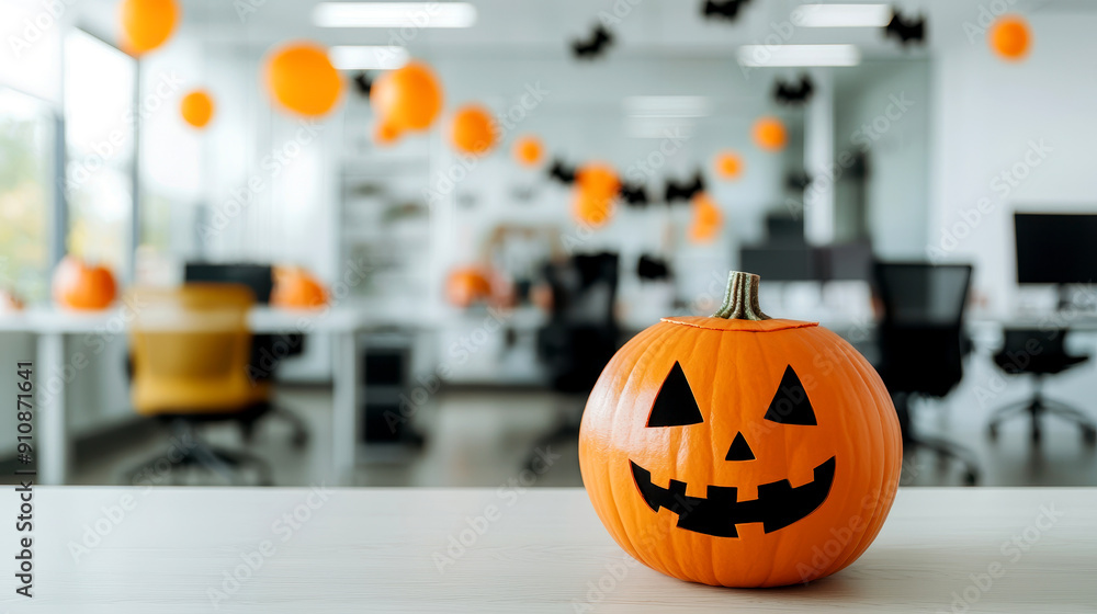 Festive office Halloween decorations with a smiling Jack-o'-lantern pumpkin on a desk, surrounded by orange balloons and spooky decor. Festive office Halloween decorations with a smiling Jack-o'-lantern pumpkin on a desk, surrounded by orange balloons and spooky decor.