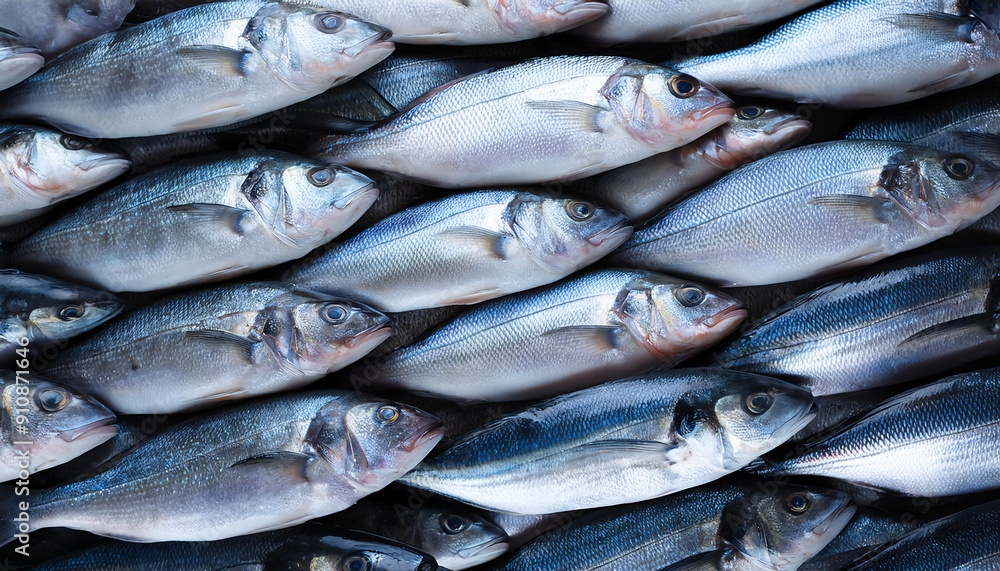 Freshly caught loup de mer lie next to each other in a symmetrical pattern as a background. Freshly caught loup de mer lie next to each other in a symmetrical pattern as a background.