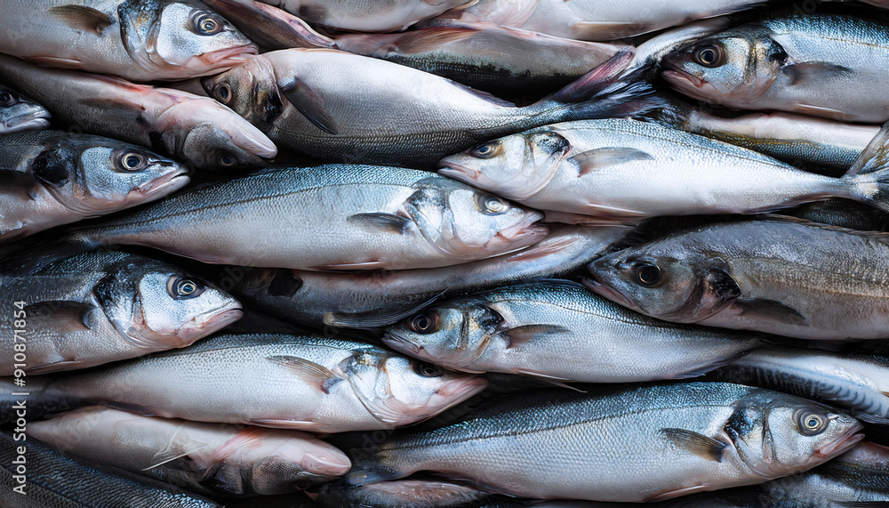 Freshly caught loup de mer lie next to each other in a symmetrical pattern as a background. Freshly caught loup de mer lie next to each other in a symmetrical pattern as a background.