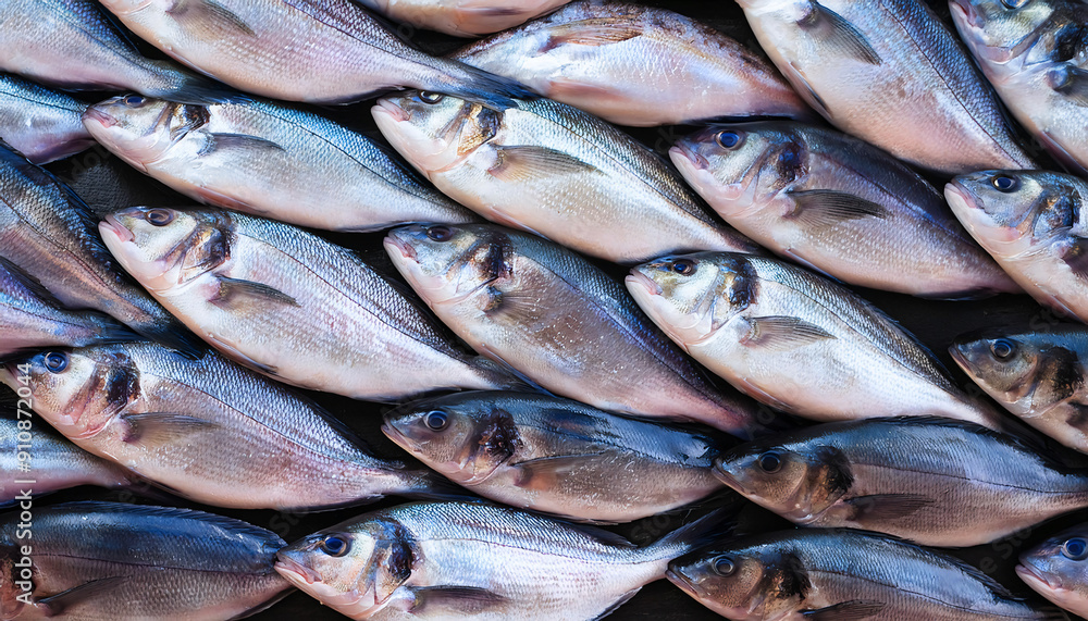 Fototapeta premium Freshly caught loup de mer lie next to each other in a symmetrical pattern as a background.