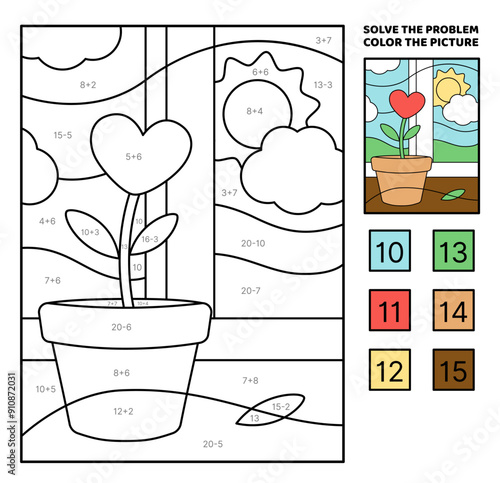 Solve the problem, color the picture. Red flower in pot on sill. Heart. Coloring book. Vector