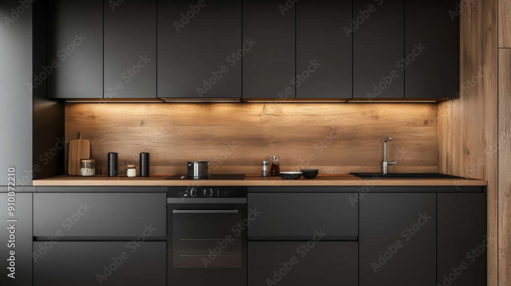 Compact kitchen features sleek wooden and black cabinets. The backsplash and countertop match the cabinet's wooden finish.