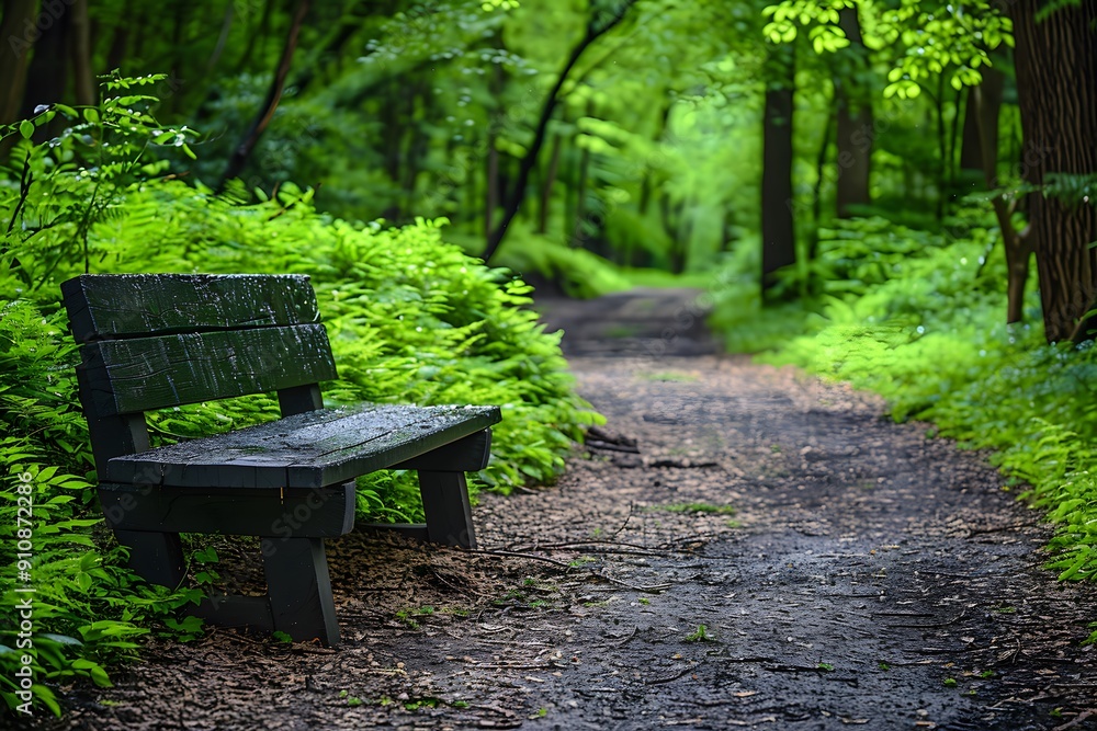 Tranquil Forest Pathway with Wooden Bench - Ideal for Nature Walks, Serenity, and Relaxation Tranquil Forest Pathway with Wooden Bench - Ideal for Nature Walks, Serenity, and Relaxation