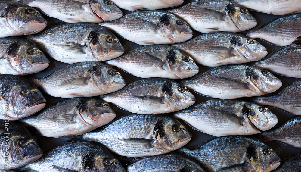 Freshly caught dorades lie next to each other in a symmetrical pattern as a background. Freshly caught dorades lie next to each other in a symmetrical pattern as a background.
