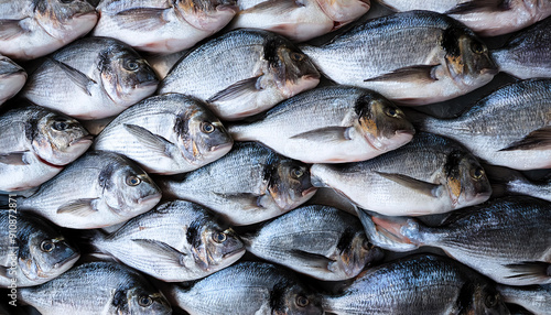 Freshly caught dorades lie next to each other in a symmetrical pattern as a background.