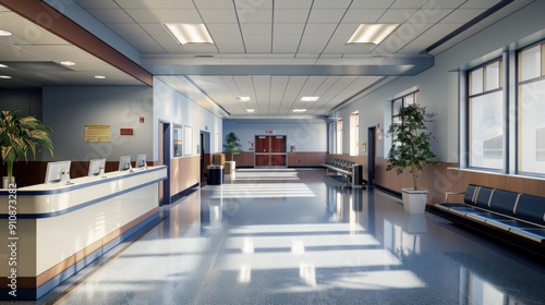 Spacious Hospital Lobby with Reception and Waiting Area, Real Photo Style, Modest Color Scheme, High Definition Details