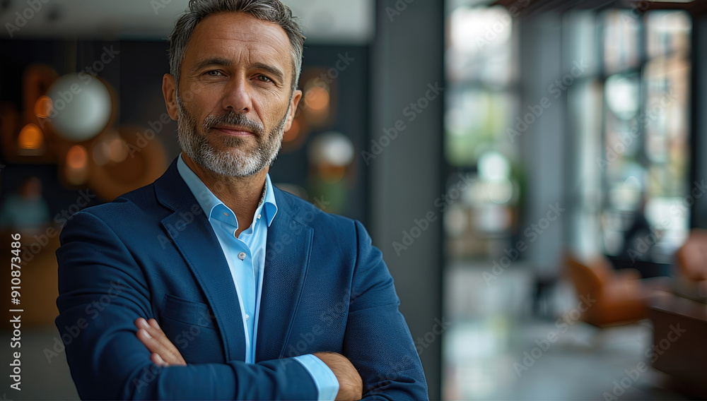 A middle-aged CEO in a blue suit, standing proudly with arms crossed in a modern office, symbolizing leadership and professionalism. Generative AI. A middle-aged CEO in a blue suit, standing proudly with arms crossed in a modern office, symbolizing leadership and professionalism. Generative AI.