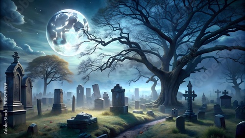 Eerie Moonlight Bathed Graveyard  generative AI photo