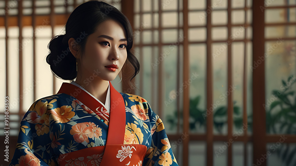 Japanese Woman in a Traditional Kimono, Detail of japanese traditional costume, Elegant Asian Woman in Traditional Kimono with Floral Design
Japanese Woman in a Traditional Kimono, Detail of japanese traditional costume, Elegant Asian Woman in Traditional Kimono with Floral Design