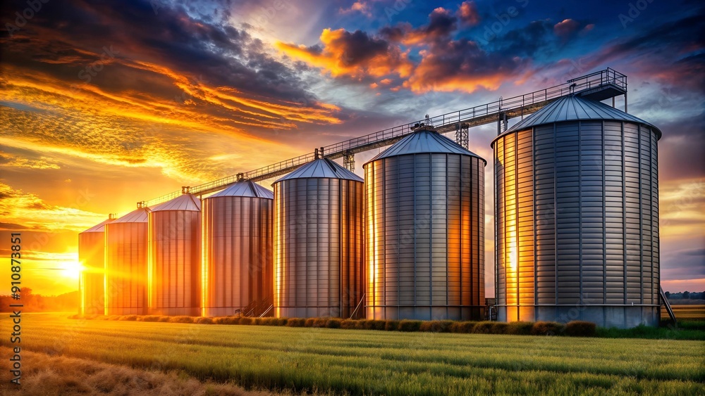 Obraz premium Tranquil Landscape of Grain Silos Bathed in Golden Hues Generative AI