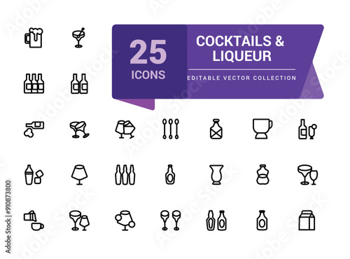 Cocktails and Liqueur icon set. Set of Bar and Nightclub outline mixology icons. Minimalist thin linear web ui icon set. Simple editable vector stroke illustration.