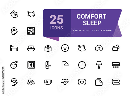 Comfort sleep icon set. Related to bed, pillow, sleepy, day dreaming, night and more icons. Minimalist thin linear web ui icon set. Simple editable vector stroke illustration.