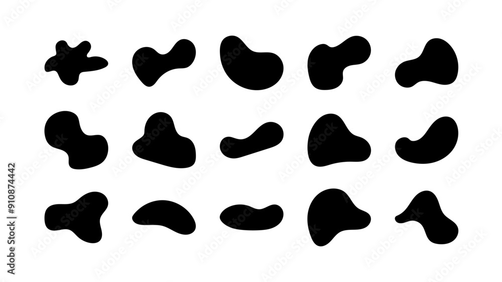 Abstract organic black fluid blobs irregular shapes set of collection for speech bubbles. Liquid shapes, round abstract elements. Simple blotch water forms. Vector illustration on white bg. Abstract organic black fluid blobs irregular shapes set of collection for speech bubbles. Liquid shapes, round abstract elements. Simple blotch water forms. Vector illustration on white bg.