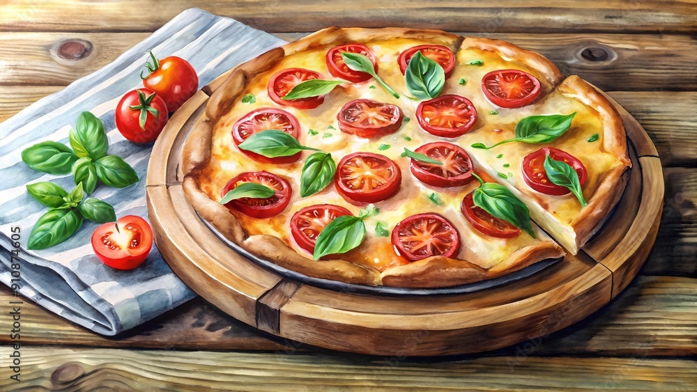 A Delicious Watercolor Painting of a Pizza, Featuring Melted Cheese and Tomato Slices, Served on a Round Tray Generative AI A Delicious Watercolor Painting of a Pizza, Featuring Melted Cheese and Tomato Slices, Served on a Round Tray Generative AI