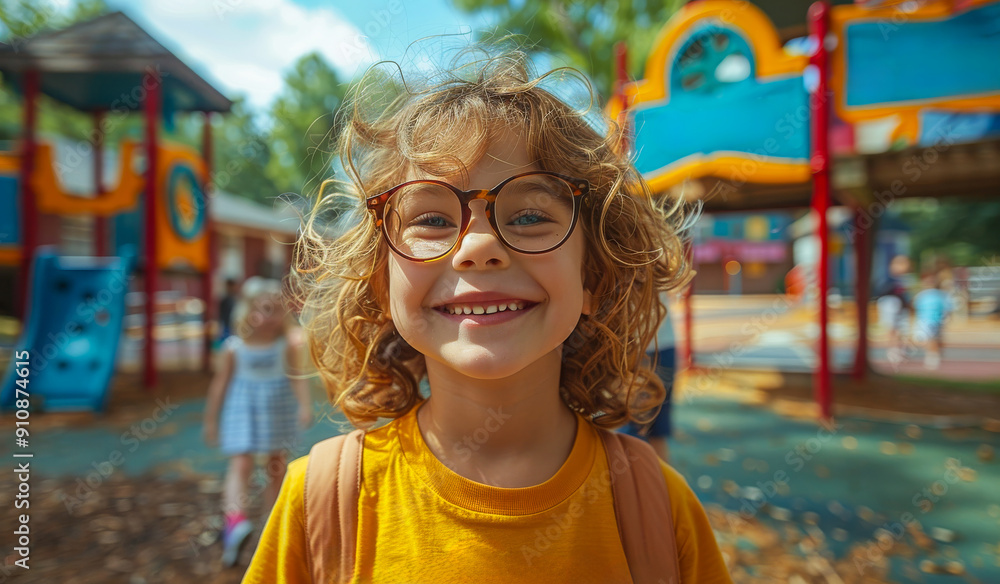 A young girl with curly hair and glasses is smiling at the camera