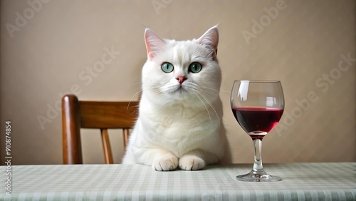 A Moment of Impertinence: A White British Shorthair Cat Seizes the Dining Table  Generative AI photo