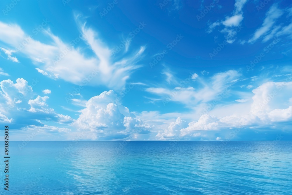 Obraz premium Panorama of clear sky background for summer vacation concept at ocean and summer sea water with sunlight of beautiful cloudy sky with generative ai