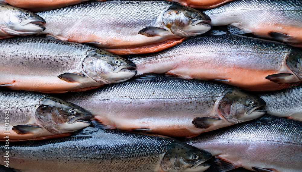 Freshly caught salmon lie next to each other in a symmetrical pattern as a background. Freshly caught salmon lie next to each other in a symmetrical pattern as a background.