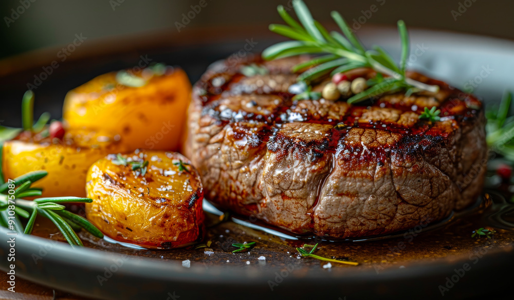 A steak with a side of roasted vegetables and herbs