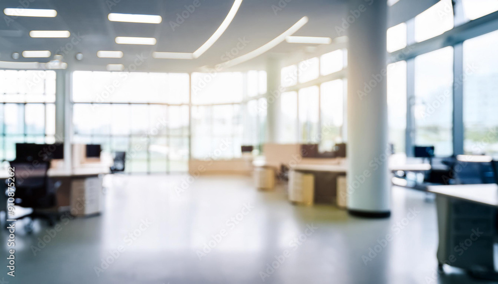 Blurred empty open space office. Abstract light bokeh at office interior background; modern business architecture concept photography Blurred empty open space office. Abstract light bokeh at office interior background; modern business architecture concept photography