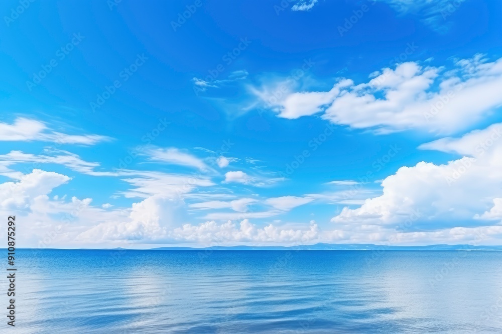 Fototapeta premium Panorama of clear sky background for summer vacation concept at ocean and summer sea water with sunlight of beautiful cloudy sky with generative ai
