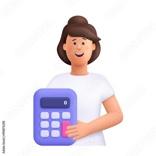 Young smiling woman holding big calculator. Business, finance, accounting, tax and budget planning concept. 3d vector people character illustration. Cartoon minimal style.