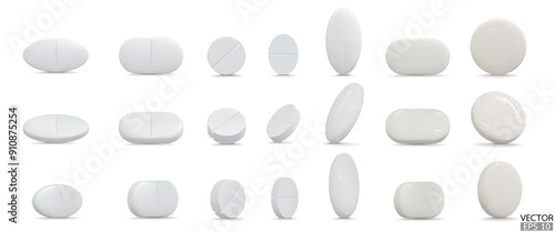 Set of 3d realistic pills isolated on white background. Medical Pill, Capsule, Tablet, medicine drug Collection. 3D vector illustration.