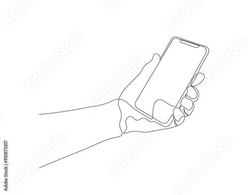 Continuous one line drawing of hand holding a phone. Single line drawing illustration of holding phone. Smartphone, Handphone, Hand holding concept line art. Editable outline