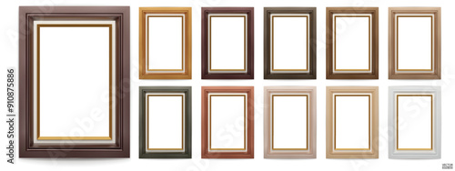 Set of brown wooden frame isolated on white background. Realistic rectangle frames mockup. Classic Photo modern frame. Borders set for painting, poster, photo gallery. 3d vector illustration.