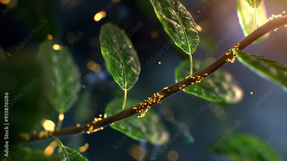 Close-Up of Green Leaves with Golden Particles in Sunlight - Nature, Growth, and Beauty Captured in a Stunning Macro Photograph Close-Up of Green Leaves with Golden Particles in Sunlight - Nature, Growth, and Beauty Captured in a Stunning Macro Photograph