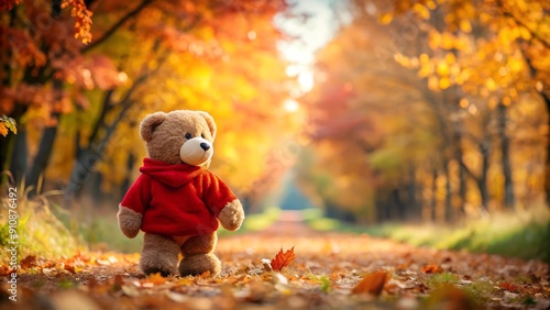 Teddy Bear in a Crimson Embrace: A Cozy Autumn Stroll  generative AI