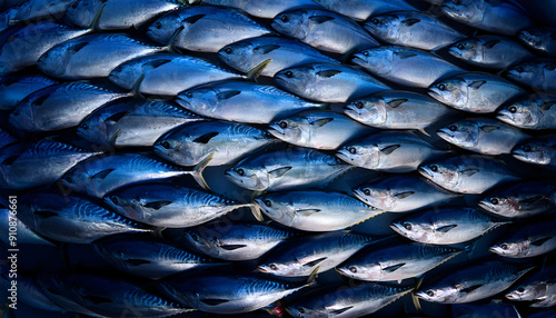 Freshly caught tunas lie next to each other in a symmetrical pattern as a background.