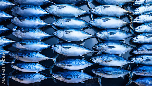 Freshly caught tunas lie next to each other in a symmetrical pattern as a background.