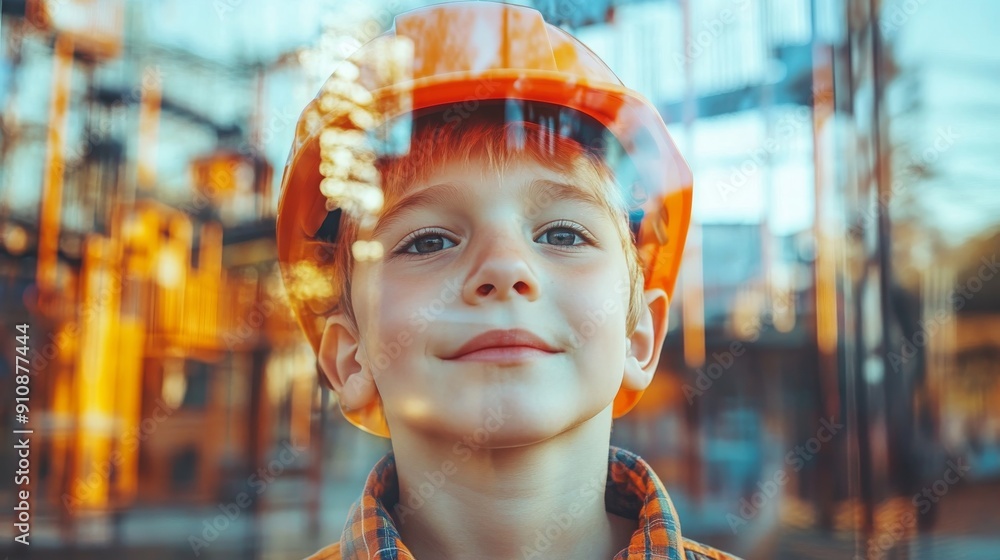double exposure of a young boy wearing a hard hat with an outdoor playground scene, playground safety concept double exposure of a young boy wearing a hard hat with an outdoor playground scene, playground safety concept