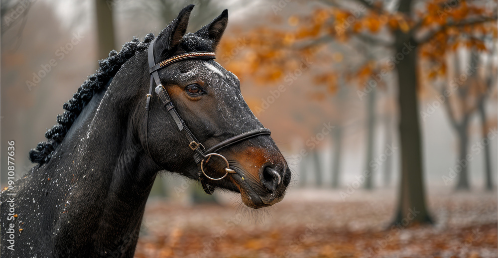 A horse with a black mane and a black bridle is standing in a forest A horse with a black mane and a black bridle is standing in a forest