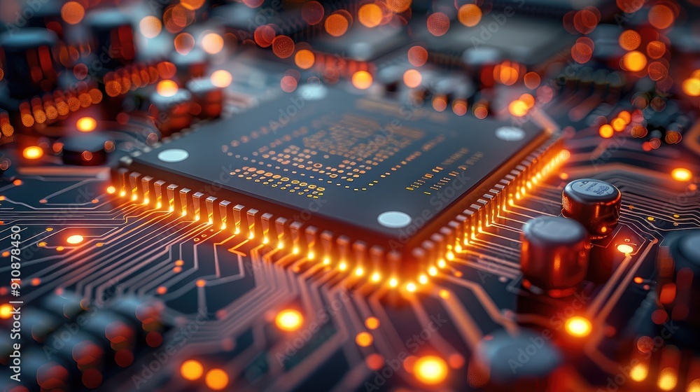 PCB layout with vibrant LED lighting, emphasizing the beauty and complexity of electronic circuit design. Generative AI. PCB layout with vibrant LED lighting, emphasizing the beauty and complexity of electronic circuit design. Generative AI.