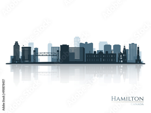 Hamilton skyline silhouette with reflection. Landscape Hamilton, Canada. Vector illustration.