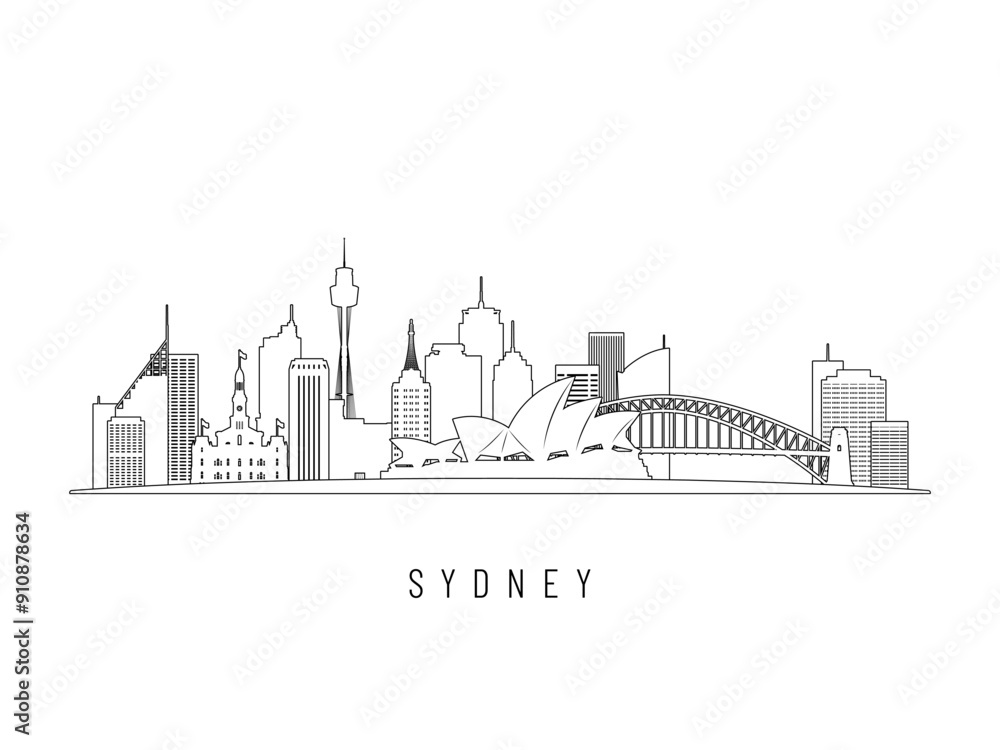 Obraz premium Detailed Sydney skyline vector illustration. Sydney buildings in line art style, perfect for modern designs.
