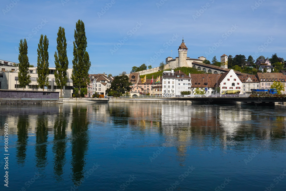 Schaffhausen, Switzerland: Reflection of the Munot medieval fortress overlooking Schaffhausen old town by the Rhine river on a sunny summer day in eastern Switzerland.