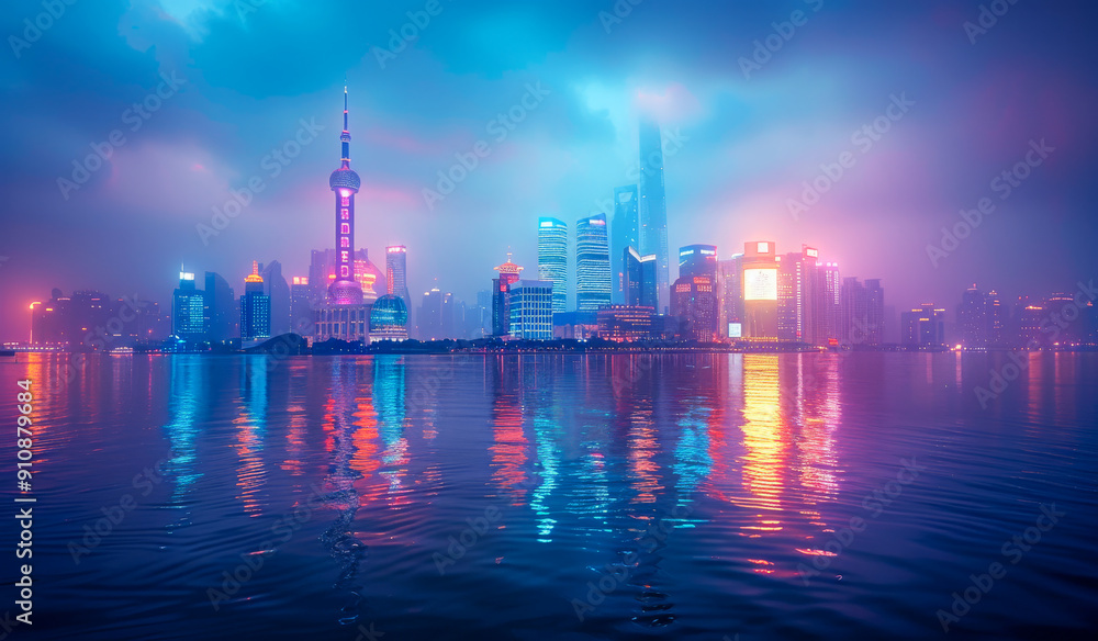 Fototapeta premium A city skyline is reflected in the water. The city is lit up at night, creating a beautiful and serene atmosphere