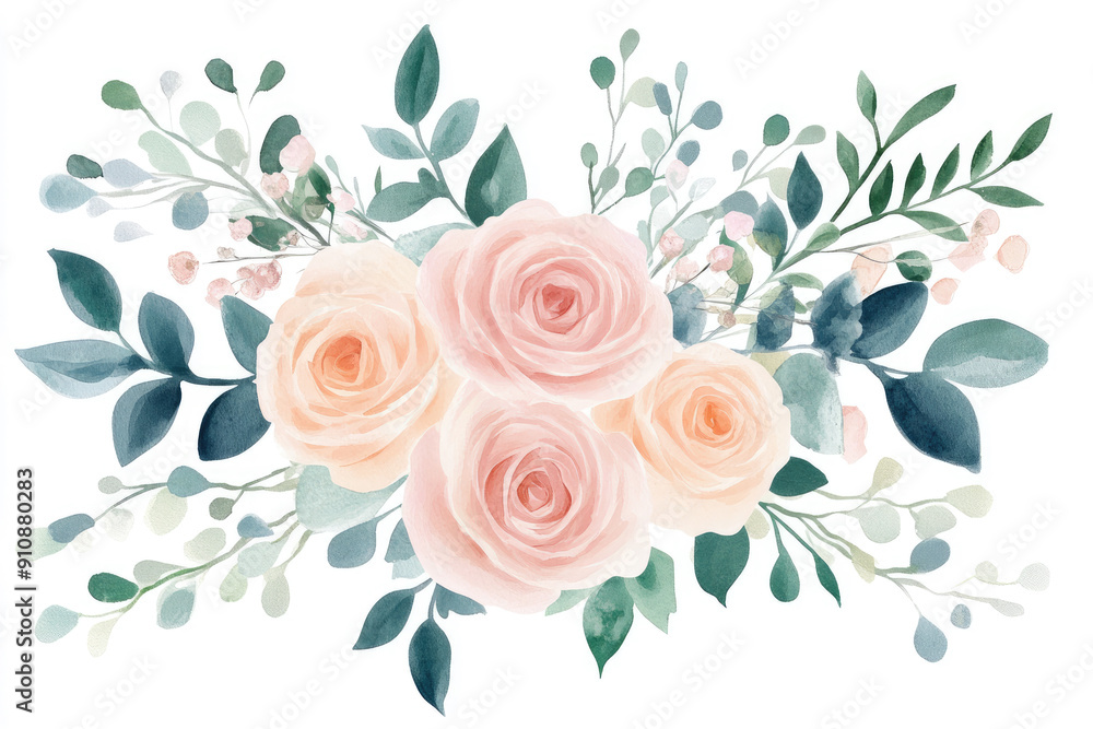 Fototapeta premium Elegant Watercolor Floral Arrangement with Pink Roses and Greenery on White Background