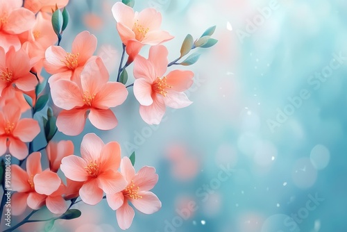 Delicate Pink Flowers Blooming on a Branch Against a Soft Blue Background