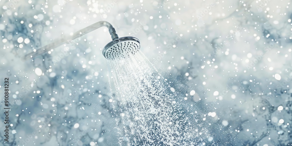 A shower head sprays water in snowy background. A shower head sprays water in snowy background.