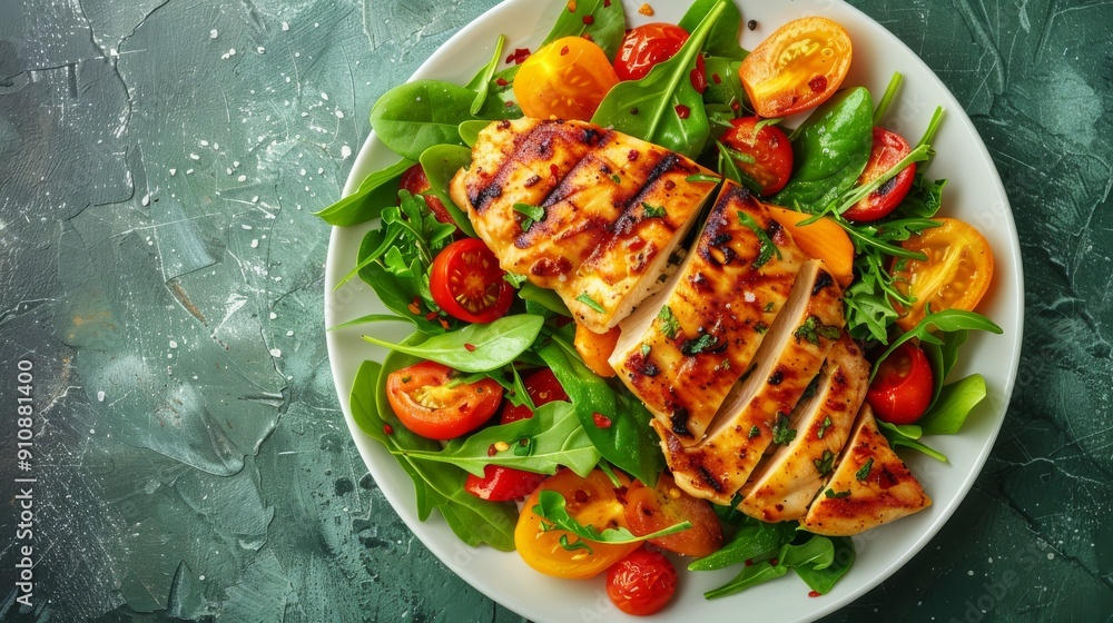 Juicy grilled chicken fillet is beautifully arranged with a vibrant mix of fresh vegetables on a white plate Juicy grilled chicken fillet is beautifully arranged with a vibrant mix of fresh vegetables on a white plate
