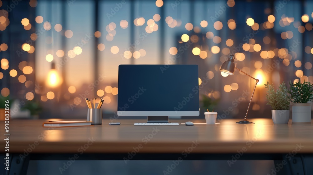 Fototapeta premium A modern workspace featuring a sleek computer, desk lamps, and plants against a backdrop of shimmering lights.