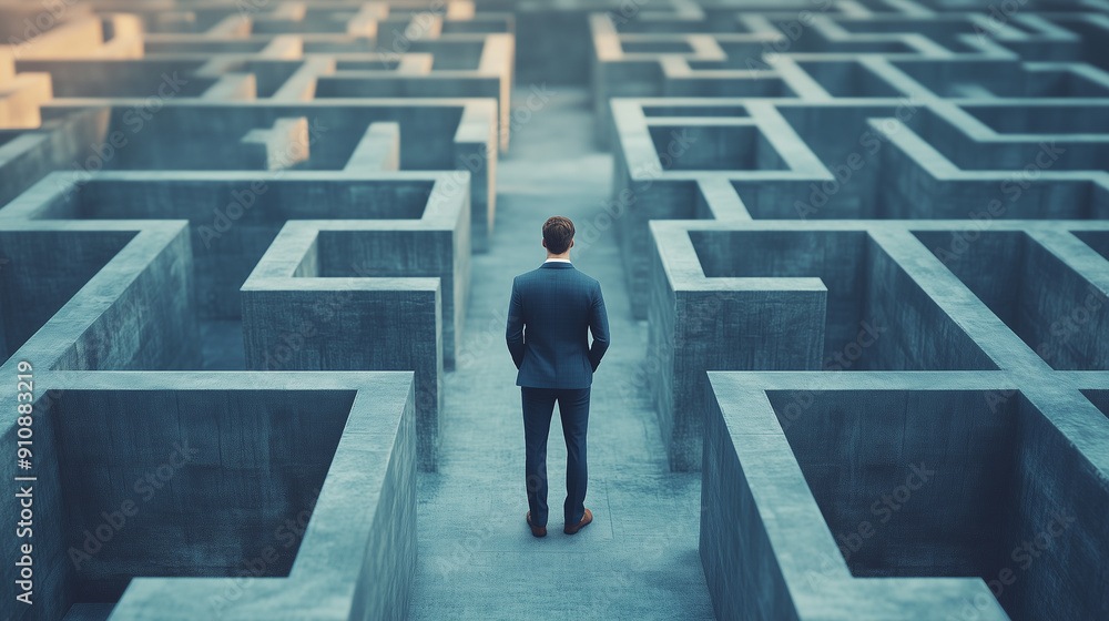 Businessman in Maze Seeking Solutions - Problems and Solutions Concept Businessman in Maze Seeking Solutions - Problems and Solutions Concept