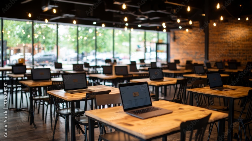 A modern workspace featuring several empty tables and laptops, with large windows allowing natural light to fill the room. A modern workspace featuring several empty tables and laptops, with large windows allowing natural light to fill the room.
